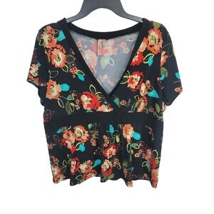 Susan Lawrence Black Floral Print V-Neck Knit Short Sleeve Top Women's Size 1X